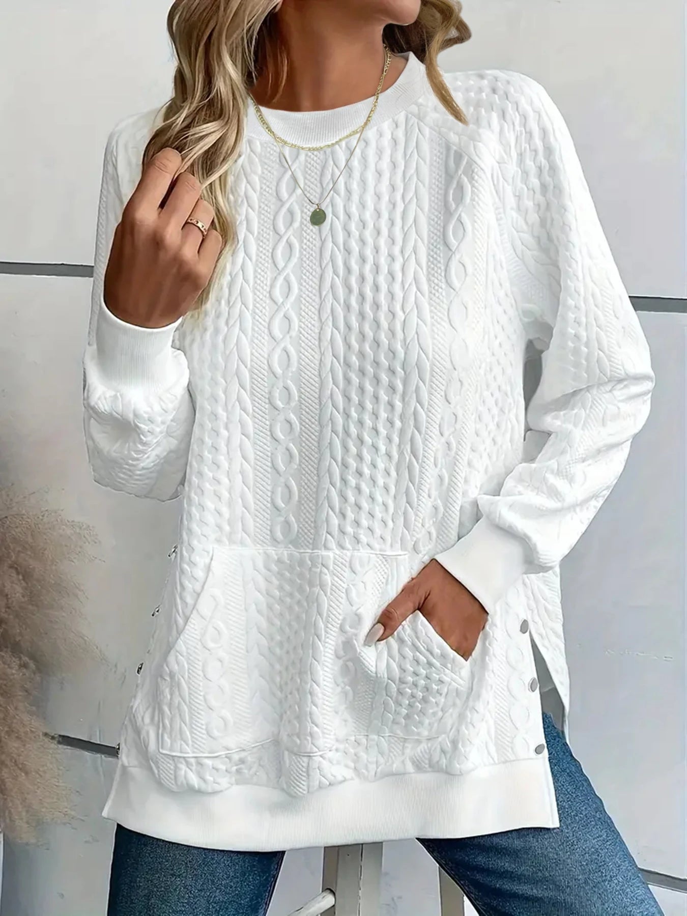 Women's texture round neck split button hoodie