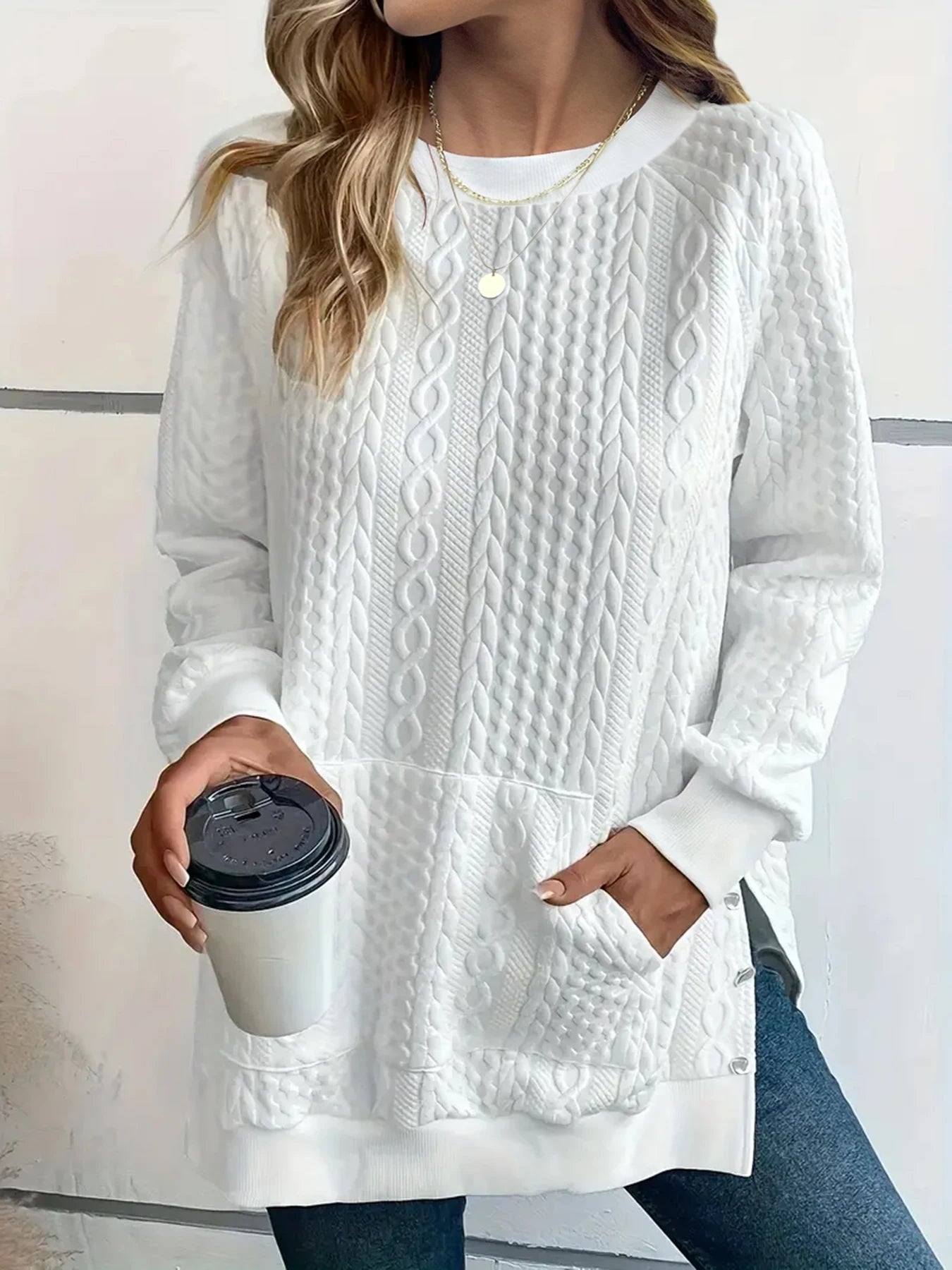 Women's texture round neck split button hoodie